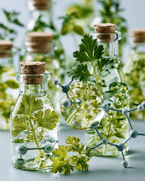 Fresh herbs suspended in transparent gel with molecular bonds for organic chemistry food science and botanical technology concept
