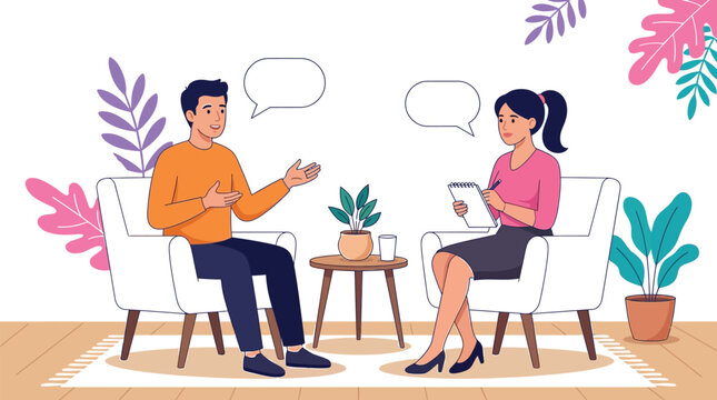 Professional psychologist listening to a patient during a therapeutic counseling session while taking notes in a notebook with speech bubbles for communication displayed in a flat vector style on whit