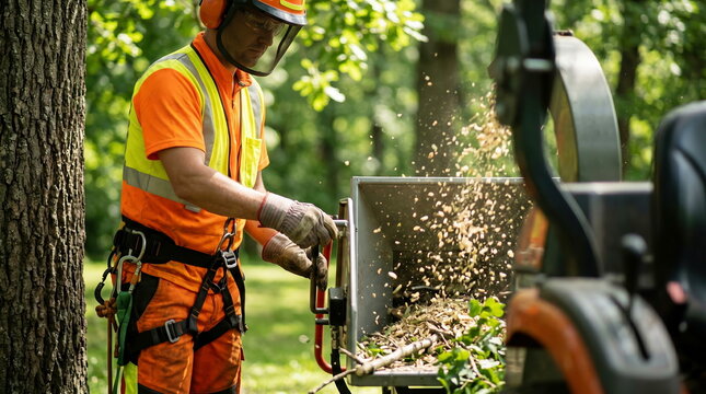 Landscaper safely operating powerful wood chipper, processing branches into mulch in leafy outdoor park, for sustainable garden maintenance.