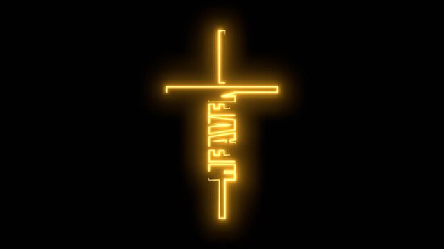 Heaven word in the shape of a cross. Christian, religious and church typography concept. Decorated Christian cross. Religion concept. Holy cross pictogram. Neon glowing.