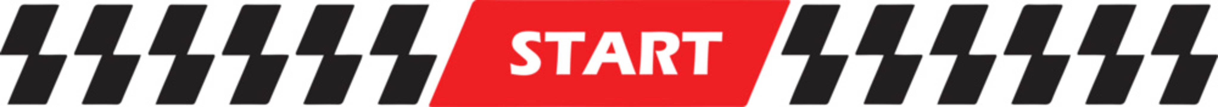 A red start flag with white text on a checkered racing stripe pattern on a white background, indicating the beginning