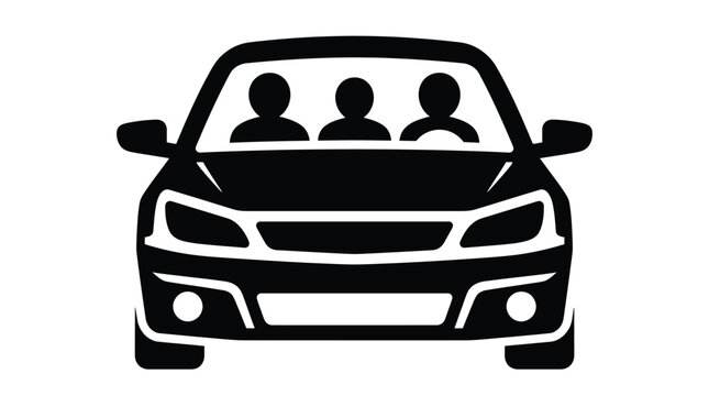 Minimalist black silhouette icon representing a modern passenger sedan car with three people seated inside the vehicle cabin shown from the front view rendered as a simple graphic on white background