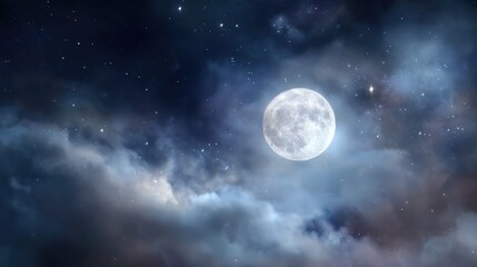 Fototapeta premium Luminous Full Moon Illuminating Clouds in a Starry Night Sky with Shimmering Stars and Nebulous Background