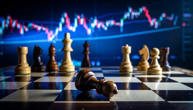 Chess pieces set on a checkered board with a stock chart background, a fallen piece in the foreground
