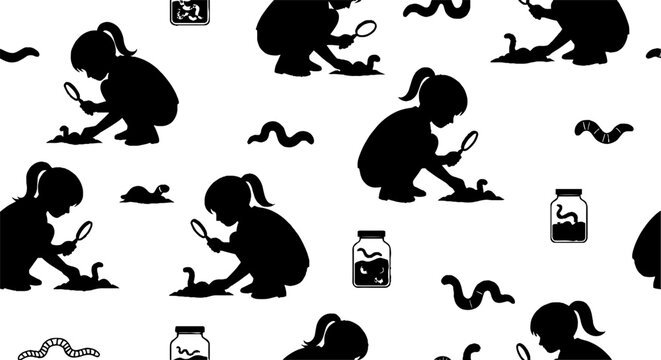 Silhouette children studying worms with magnifying glasses repeatedly.