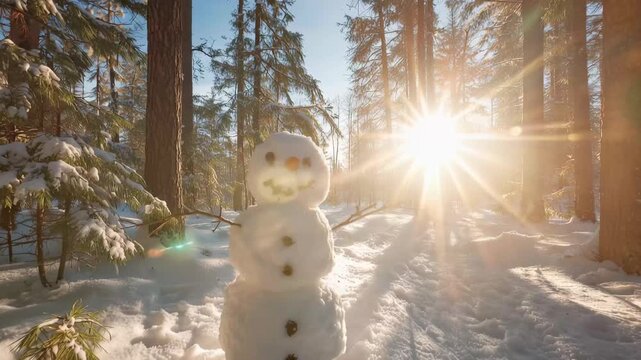 Cheerful winter snowman in a sunlit forest, A cheerful snowman stands in a sunlit forest