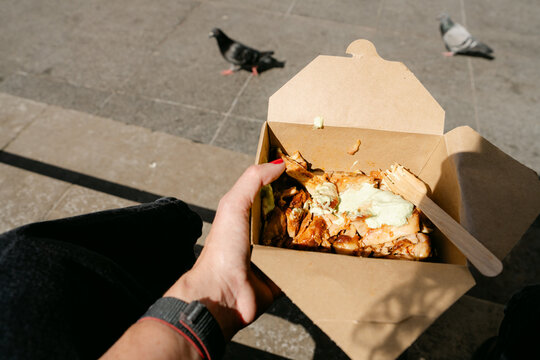 View of street food, meat in cardboard box, with pigeons in background