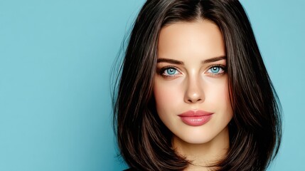 Fototapeta premium Portrait of a Beautiful Woman with Bright Blue Eyes Against a Soft Blue Background Showcasing Radiant Skin and Healthy Hair