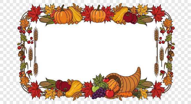 Autumn Harvest Border with Cornucopia, Pumpkins, and Fall Leaves