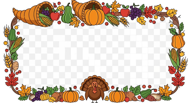 Autumn Harvest Thanksgiving Frame with Turkey, Pumpkins, Cornucopias, and Leaves