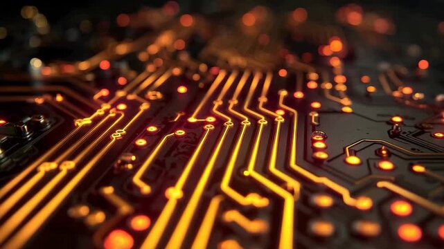 Circuit board featuring illuminated digital pathways, Detailed view of a circuit board with bright