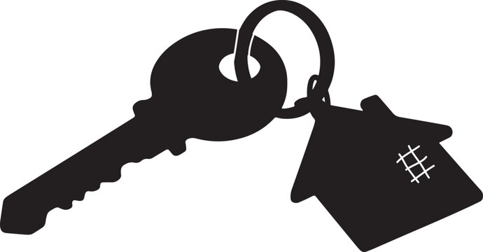 Black silhouette of a key with a house shaped keychain on a white background with a metal ring and teeth on the key and