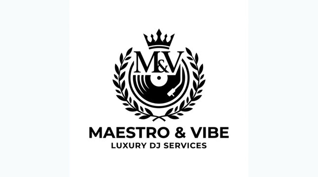 Maestro & Vibe luxury DJ services logo with vinyl record and crown emblem