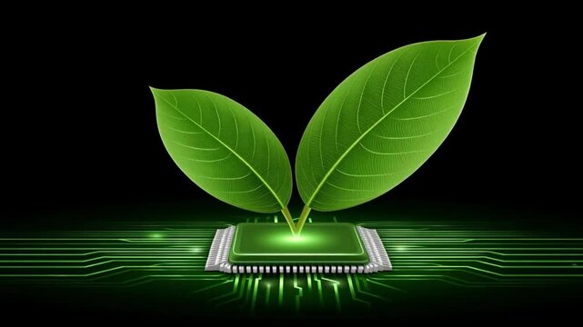 Ai chip sustainable cloud computing concept green leaf growing from circuit board microprocessor symbolizing eco technology