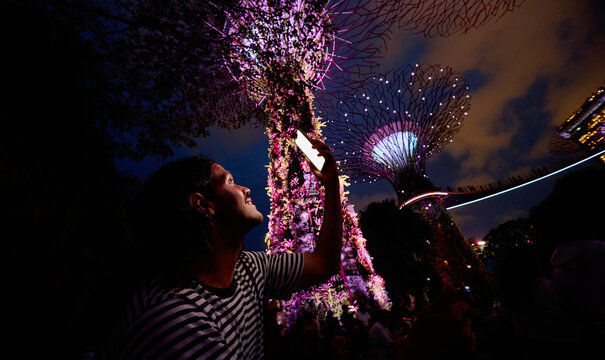 Man photographing Supertree Grove at night in Singapore