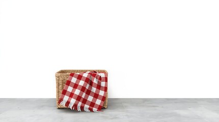 Obraz premium Picnic basket with red and white checkered cloth on a concrete surface.