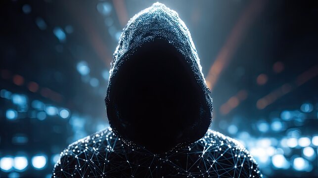 Mysterious hooded person with hidden face against blurred binary code background for hacker, cybersecurity and digital data protection theme