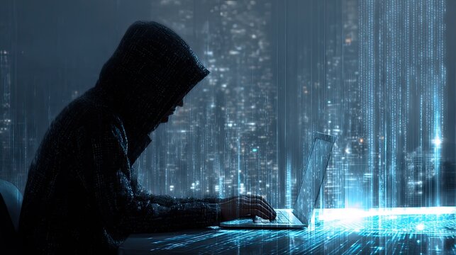 Mysterious hooded person with hidden face against blurred binary code background for hacker, cybersecurity and digital data protection theme