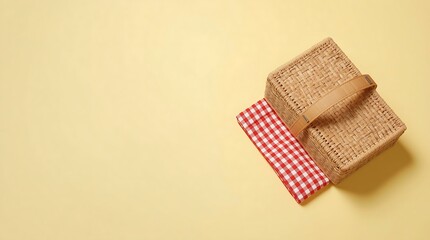 Obraz premium Picnic basket with red and white checkered cloth on a yellow background.