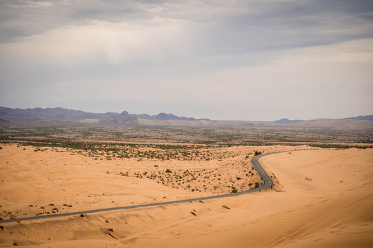 California Highway 78, The Ben Hulse Highway, winds through the Imperial Sand Dunes, or Algodones Dunes, in southeast California.  USA.