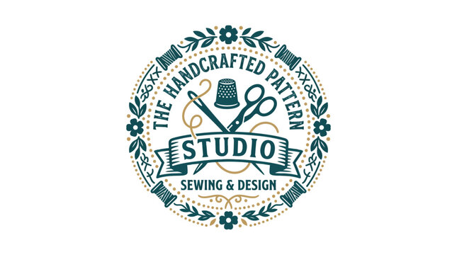 Handcrafted sewing and design studio logo with spools, scissors, and thimble