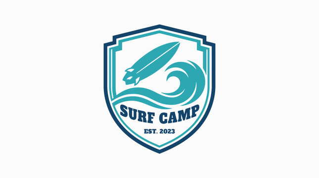 Surf camp logo with surfboard and wave, graphic element for adventure and sports