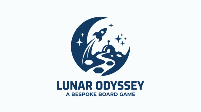 Vector illustration of a rocket launching from a moon base on a celestial path, with stars and a crescent moon.