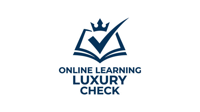 Vector logo for online learning luxury check, featuring an open book with a crown and checkmark.