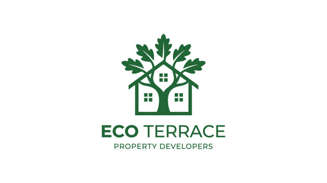 Eco house logo with tree and roof, property developers graphic element
