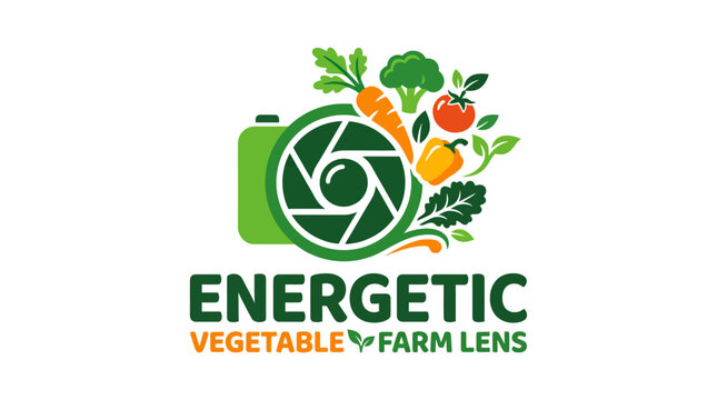 Healthy food photography logo concept with camera lens and fresh vegetables