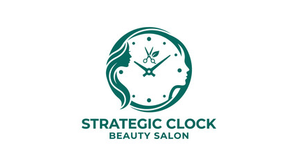Obraz premium Beauty salon logo featuring a clock with scissors and profiles of women
