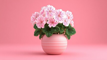 Obraz premium Elegant Pink Flowers in Striped Pot Against Soft Pink Background, Perfect for Home and Office Decor, Floral Inspiration