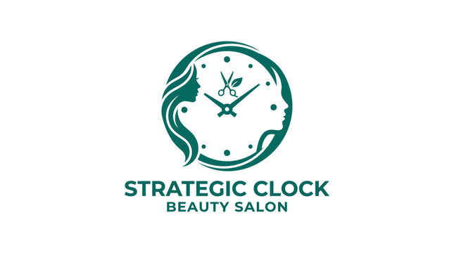 Beauty salon logo featuring a clock with scissors and profiles of women
