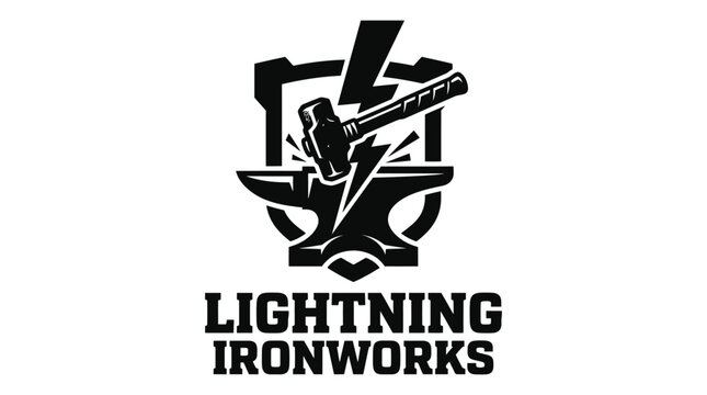 Blacksmith anvil and hammer with lightning bolt graphic emblem