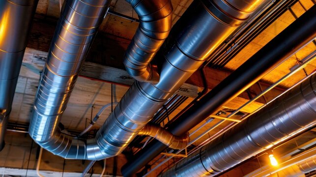 Industrial Pipeline Design Featuring Metal Ductwork and Conductive Materials in Modern Ceiling Structure