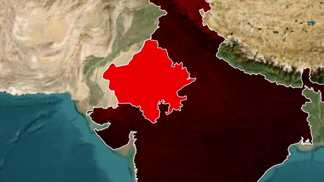 Rajasthan Region Marked on Political Map of India.
Highlighted Rajasthan State Location on India Geographic Map.
Rajasthan Territory Visualization on Detailed India Map.