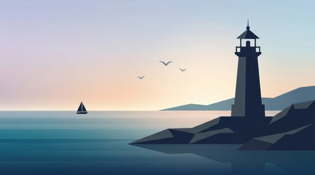 Coastal lighthouse silhouette at sunset with calm ocean and sailing boat