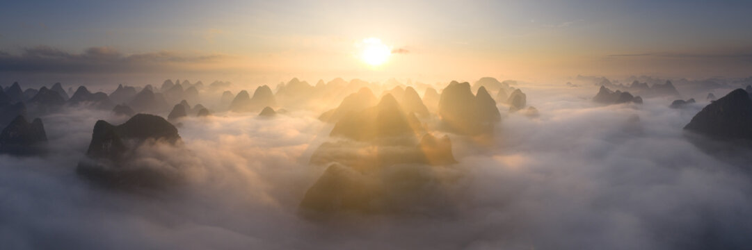 Yangshuo Karst Mountains Cloud inversion Sunrise China