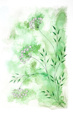 Analog watercolor painting of Jasmine flowers and foliage