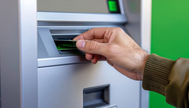 Person inserting card into an ATM machine outdoors