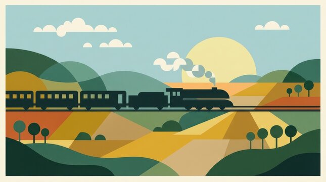 Stylized train journey across rolling landscape under bright sunlight