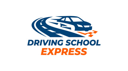 Driving school logo with car on winding road graphic element © INFAYUFA