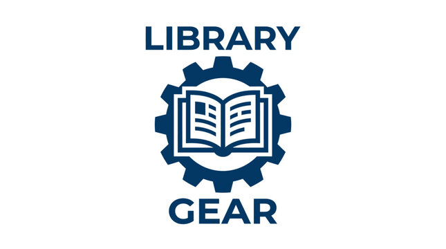 Vector gear logo with open book inside, representing library mechanics and knowledge.