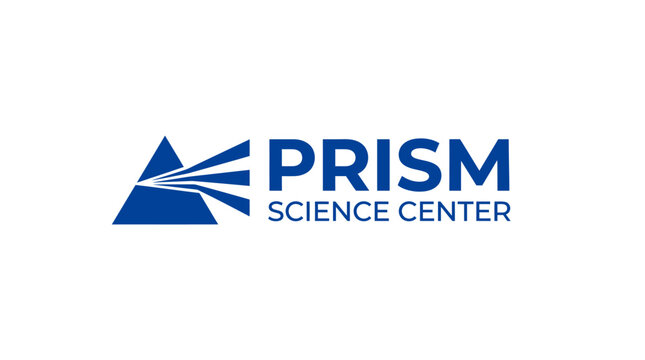 Blue triangular prism logo with text PRISM SCIENCE CENTER, graphic element