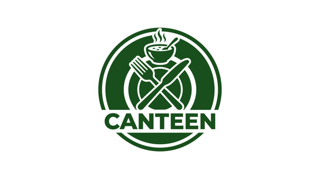 Canteen logo with crossed fork and knife, steam from bowl, circle emblem