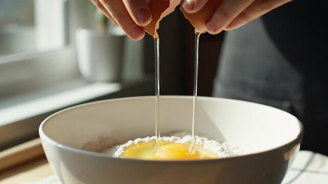 Hands cracking a fresh brown egg into a white bowl with flour for baking preparation in a sunlit kitchen
