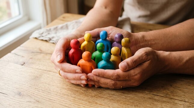 Hands holding colorful jelly candies over wooden table in warm natural light