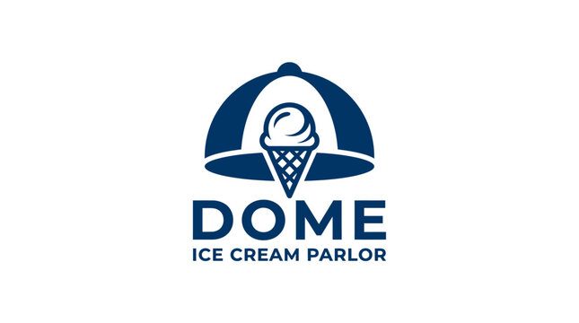 Modern blue ice cream parlor logo with dome and cone graphic elements
