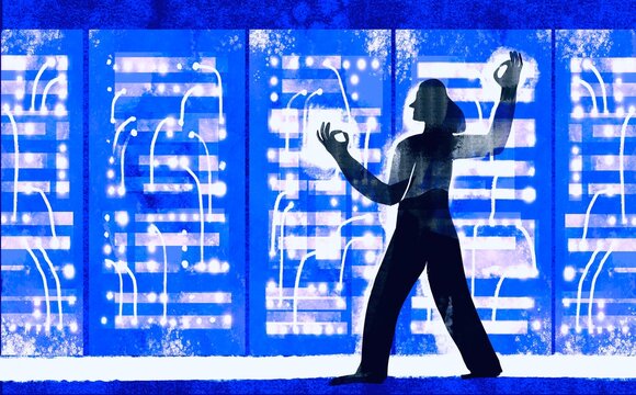 Woman Configuring Server Cables &ndash; Data Center Management Concept