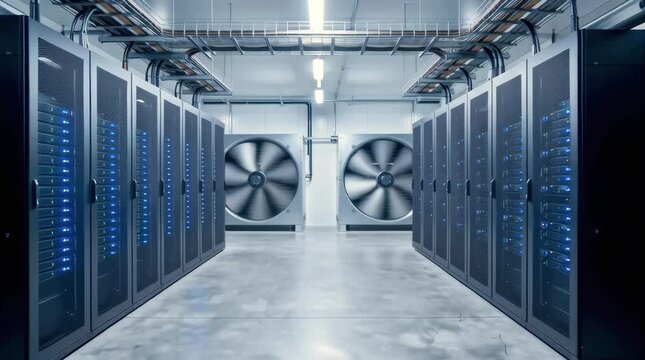 Cinematic Walkthrough of Clean Energy Data Center Power Management Room with UPS Battery Systems